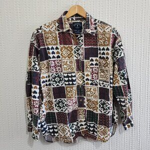 Vintage 90's Quilt Patchwork Earthtones Button Down Blouse Top Size Medium